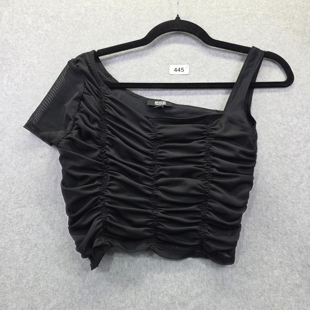 Poster‎ Grl Black Mesh Ruched Asymmetrical Crop Top One Sleeve Tank Small